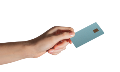 Secure card trade concept. Hand holding smart plastic card with chip for credit, debit, loan,