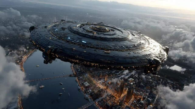 Giant ufo spaceship flying over city at dusk, cinematic alien invasion concept