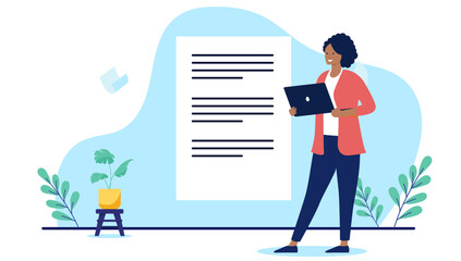 Woman with text document - Text writer person with laptop computer writing, being an author and working on file. Flat design vector illustration on white background