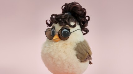 Cartoon bird with poodle hairstyle and sunglasses on a soft pink backdrop