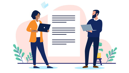 Business text writers - Two businesspeople in marketing working and writing and authoring text file document together. Flat design vector illustration on white background
