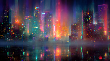 Fototapeta premium Neon Cityscape: A vibrant metropolis pulsates with energy under a night sky, reflected in the serene waters. The city skyline glows with neon lights.