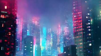 Fototapeta premium Neon City Skyline: A futuristic cityscape blazes with neon lights and shrouded in atmospheric mist. Reflecting the vibrant energy of urban life and a sense of innovation.