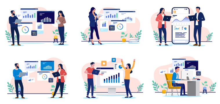 Business analytics and data collection - Set of vector illustration graphics with team of businesspeople analysing charts, insights, graphs and diagrams working with company growth in flat design