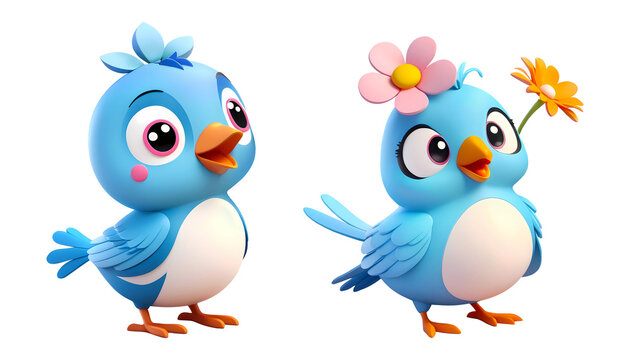 3d rendering cute blue bird with flowers cartoon characters isolated on transparent background, PNG 