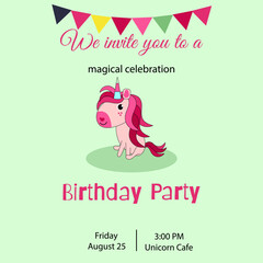 An invitation to a children's party with an adorable bright unicorn on a light background. Vector graphics.