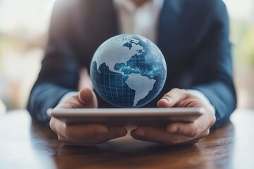 Businessman holding tablet displaying digital Earth globe icon with holographic global network, symbolizing remote work and world business connectivity.