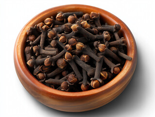 Obraz premium Whole cloves in a wooden bowl, top view, isolated on white background.