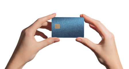 Financial card concept. Hand holding smart plastic bankcard with chip in closeup for credit, debit,