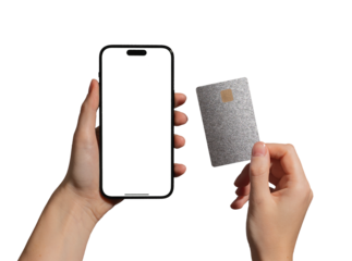 Smartphone and bank card in hand. Business concept with plastic card and mobile app screen for