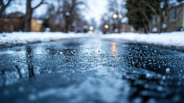 Snowy road surface with icy texture in winter street scene