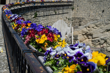 Colorful flowerpots along the San Marino bridge