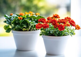 Three white pots with red flowers and green foliage on light background.