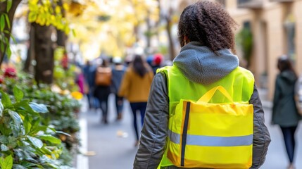 Urban pedestrian carrying a bright yellow backpack.