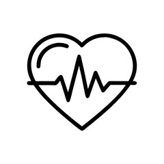 Minimalist vector icon in black outline of a heart with a heartbeat line inside. Simple design on a white background