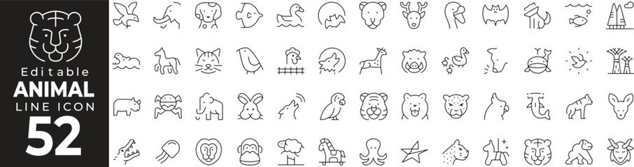 Animal Icon Set: A Line Icon Collection Featuring Wildlife, Pets, Mammals, Birds, Nature, and More