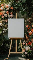 White canvas on an easel in a wedding setting surrounded by beautiful flowers and lush greenery