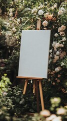 White canvas on an easel in a wedding setting surrounded by beautiful flowers and lush greenery