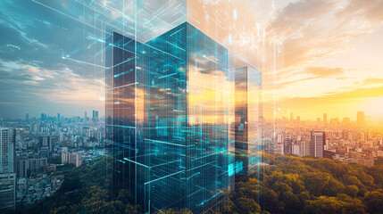 Smart City Sunset  Digital Overlay on Urban Skyline
