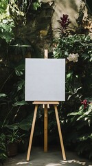 Blank white canvas placed on an easel at a wedding with plants and flowers surrounding the setting