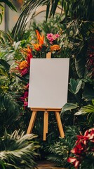 Wedding welcome sign with a blank white canvas on an easel surrounded by vibrant plants and flowers