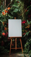 Wedding welcome sign with a blank white canvas on an easel surrounded by vibrant plants and flowers
