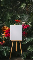 Wedding welcome sign with a blank white canvas on an easel surrounded by vibrant plants and flowers
