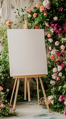 White easel with a blank canvas surrounded by blooming flowers and lush greenery in a wedding scene