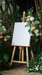 White easel with a blank canvas surrounded by blooming flowers and lush greenery in a wedding scene