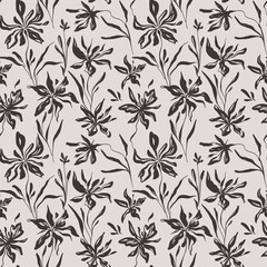 Seamless floral laconic black and white ink pattern vintage handmade for fabric design, decor, ceramics, greeting cards, flowers, texture print for backgrounds