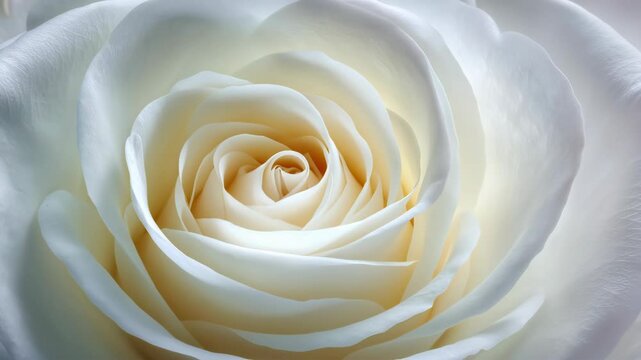 Pure White Rose Blossom Close-Up: Delicate Petals Unfolding in Soft Light