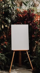Blank white canvas on an easel as a wedding welcome sign surrounded by abundant flowers and plants