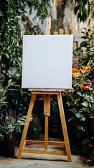 White canvas on an easel at a wedding surrounded by vibrant plants and flowers in the background