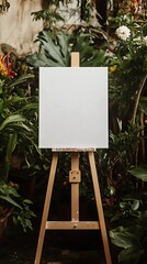 White canvas on an easel at a wedding surrounded by vibrant plants and flowers in the background