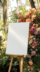 Blank canvas on an easel surrounded by colorful flowers and lush greenery at a wedding