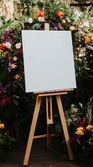 Blank canvas on an easel surrounded by colorful flowers and lush greenery at a wedding