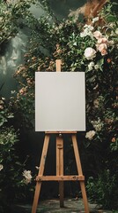 White easel with blank canvas in a wedding surrounded by lush greenery and blooming flowers