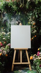 White easel with blank canvas in a wedding surrounded by lush greenery and blooming flowers