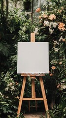 White easel with blank canvas in a wedding surrounded by lush greenery and blooming flowers