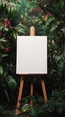 White easel with blank canvas in a wedding surrounded by lush greenery and blooming flowers