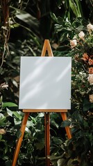 Wedding welcome sign with a blank white canvas on an easel surrounded by flowers and plants