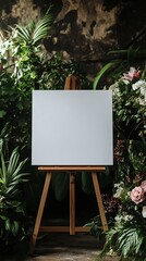 Wedding welcome sign with a blank white canvas on an easel surrounded by flowers and plants