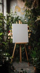White canvas on an easel surrounded by abundant plants and flowers as a wedding welcome sign