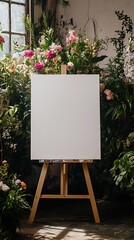 Blank white canvas placed on an easel surrounded by flowers and plants in a wedding setting