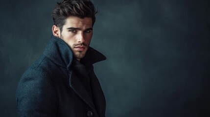 Fototapeta premium High-end editorial-style serious portrait, man in wool coat, moody tones, clean studio backdrop