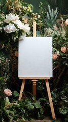 Blank white canvas placed on an easel surrounded by flowers and plants in a wedding setting