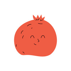 Cute pomegranate with smiling face fun flat vector illustration perfect for kids products, healthy eating designs, and fruit themed decor