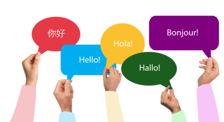 Group of diverse people raising hands with speech bubbles for learning foreign language. Hello in