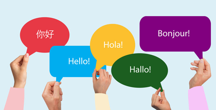 Diverse people with speech bubbles for studying foreign language. Hello in Chinese, English, Spanish