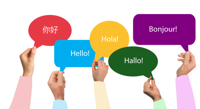 Group of diverse people raising hands with speech bubbles for learning foreign language. Hello in